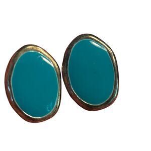 Mod Clip On earrings 1990's blue enamel & silvertone abstract beachy coastal
